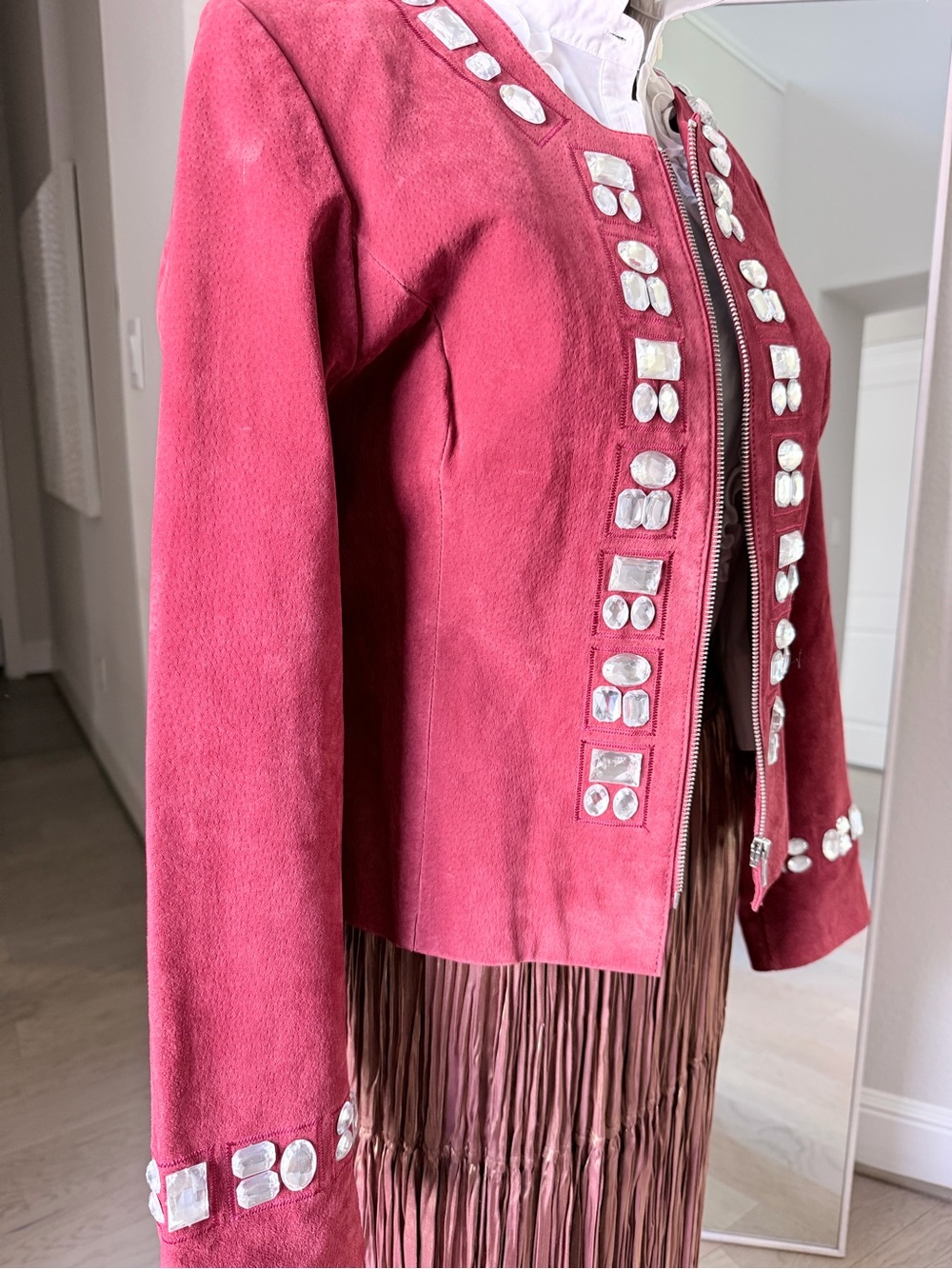 Boston Proper Suede Leather Jacket with Embellished Trim